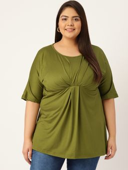 theRebelinme - Plus Size Women Olive Green Color Solid Front Gathered Top