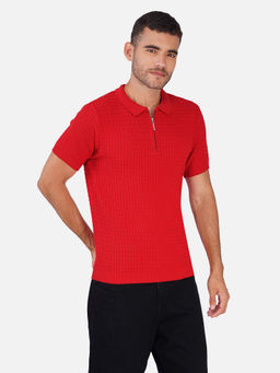 JOE Hazel - Red Men Textured Half Zip Polo T-Shirt