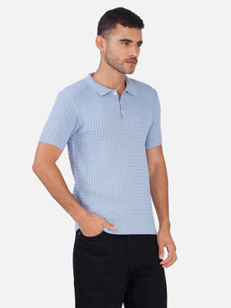 JOE Hazel - Men Blue Waffle Knit Polo Neck T-Shirt