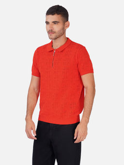 JOE Hazel - Orange Men Self Design Polo T-Shirt