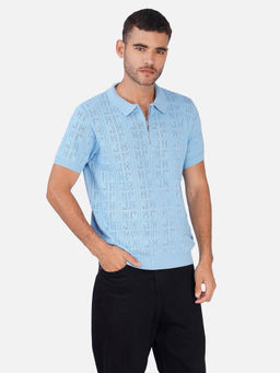 JOE Hazel - Blue Men Self Design Polo T-Shirt