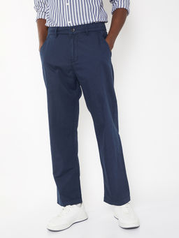 max - Men Navy Blue Solid Regular Fit Trousers