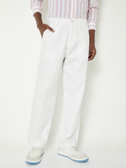 max - Men Off White Solid Regular Fit Trousers