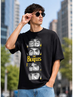 HAZUKU - Men's Black Oversized Vintage Music Band Portrait Graphic Print T-Shirt