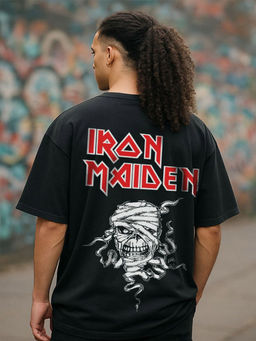 HAZUKU - Men's Black Iron Maiden Eddie Graphic Printed Oversized T-Shirt