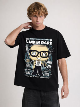 HAZUKU - Men's Black Linkin Park Cartoon Print T-Shirt