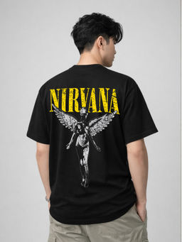 HAZUKU - Men's Black Nirvana Angel Graphic Printed Oversized T-Shirt