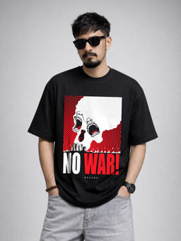 HAZUKU - Men's Black No War Graphic Printed Oversized T-Shirt