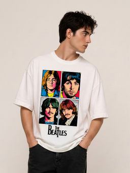 HAZUKU - Men's White The Beatles Pop Art Graphic Printed Oversized T-Shirt