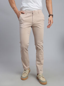 necked - Men Beige Solid Regular Fit Trousers