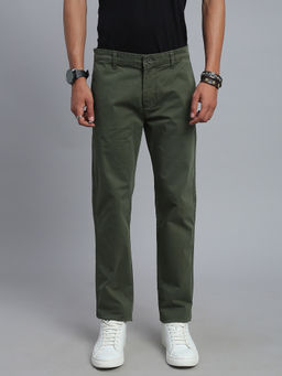 necked - Men Olive Solid Regular Fit Trousers