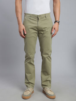 necked - Men Green Solid Regular Fit Trousers