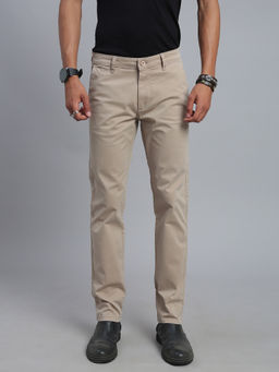 necked - Men Beige Solid Regular Fit Trousers