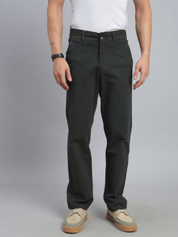 necked - Men's Olive Solid Straight Fit Trousers