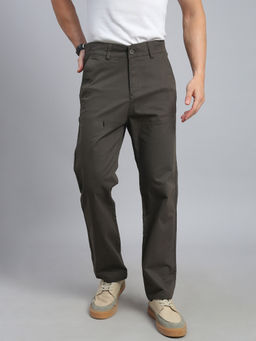 necked - Men's Dark Brown Solid Straight Fit Trousers