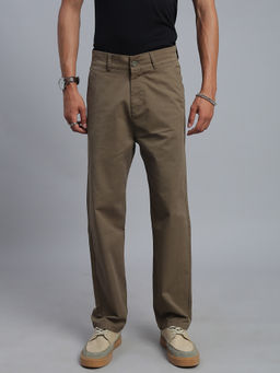 necked - Men's Brown Solid Straight Fit Trousers