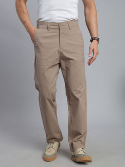 necked - Men's Beige Solid Straight Fit Trousers