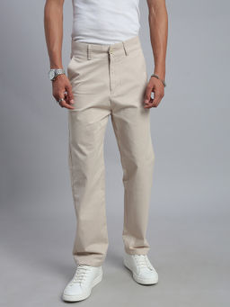 necked - Men's Beige Solid Straight Fit Trousers