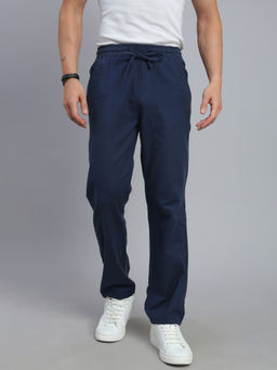 necked - Men's Navy Blue Solid Regular Fit Trouser