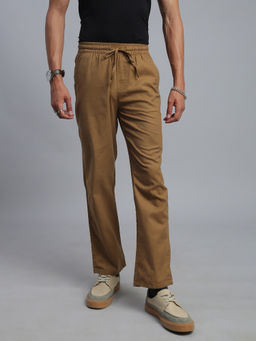 necked - Men's Brown Solid Regular Fit Trouser