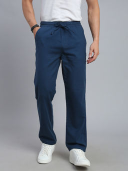 necked - Men's Navy Blue Solid Regular Fit Trouser