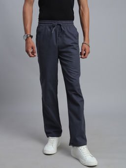 necked - Men's Navy Blue Solid Regular Fit Trouser