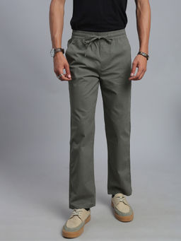 necked - Men's Olive Relaxed Fit Casual Trousers