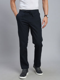 necked - Men's Navy Blue Relaxed Fit Casual Trousers