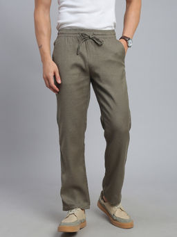 necked - Men's Khaki Textured Relax Fit Casual Trousers