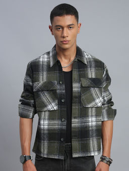 necked - Men's Olive Green Checked Relax Fit Shacket