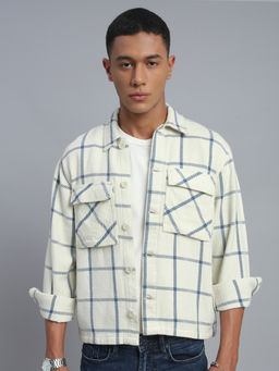 necked - Men's Off White Checked Relax Fit Shacket