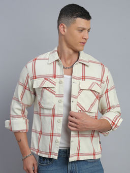 necked - Men's Off White Checked Relax Fit Shacket