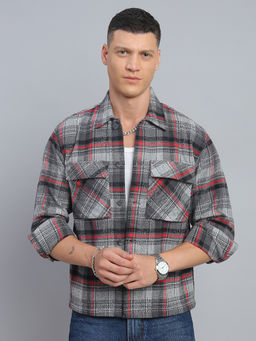 necked - Men Grey Checked Relax Fit Full Sleeve Shacket