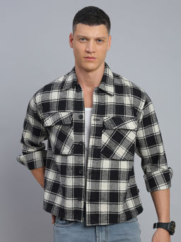 necked - Men Black Checked Relax Fit Full Sleeve Shacket