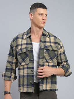 necked - Men Olive Green Checked Relax Fit Full Sleeve Shacket
