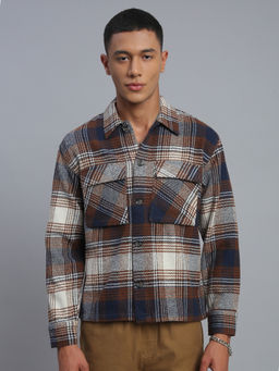 necked - Men Brown Checked Relax Fit Full Sleeve Shacket