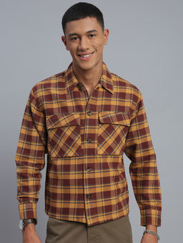necked - Men Mustard Checked Relax Fit Full Sleeve Shacket