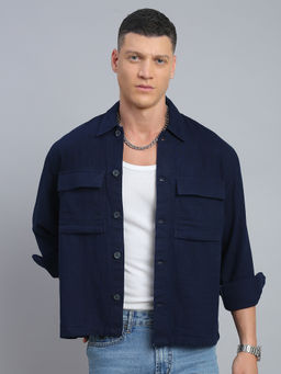 necked - Men Navy Blue Solid Relax Fit Full Sleeve Shacket
