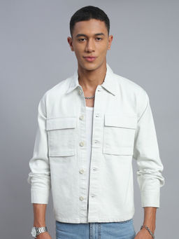 necked - Men White Solid Relax Fit Full Sleeve Shacket