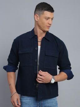 necked - Men Navy Blue Solid Relax Fit Full Sleeve Denim Shacket