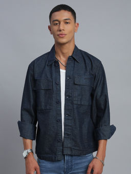 necked - Men Blue Solid Relax Fit Full Sleeve Denim Shacket
