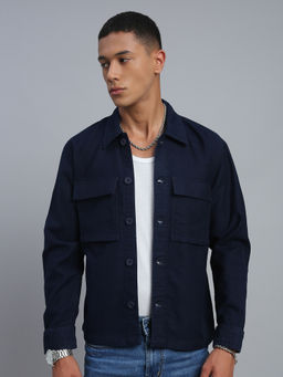 necked - Men Navy Blue Solid Relax Fit Full Sleeve Denim Shacket