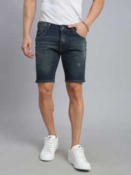 necked - Men Dark Blue Vintage Wash Regular Fit Denim Shorts