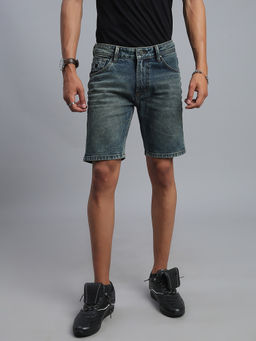 necked - Men Blue Vintage Wash Regular Fit Denim Shorts