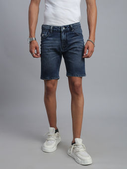 necked - Men Blue Vintage Wash Regular Fit Denim Shorts