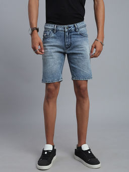 necked - Men Light Blue Washed Regular Fit Denim Shorts