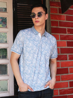 CRIMSOUNE CLUB - Men's Blue Floral Print Polo T-Shirt