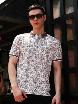 CRIMSOUNE CLUB - Men's White Floral Print Polo T-Shirt