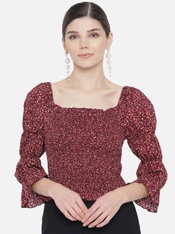 Trend Arrest - Maroon Ditsy Floral Print Smocking Sleeve Top