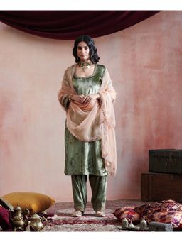 WeaverStory - Olive Green Hand Embroidered Kurta with Salwar & Peach Organza Dupatta (Set of 3)